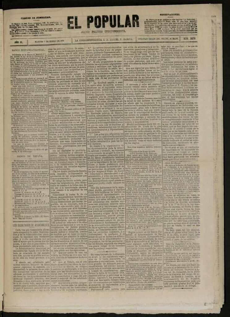 Miniatura de El Popular: diario independiente, político, literario y de noticias de interés general del 7 de enero de 1879, nº 2879