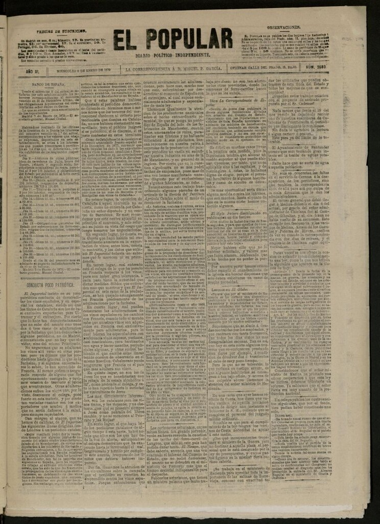 Miniatura de El Popular: diario independiente, político, literario y de noticias de interés general del 8 de enero de 1879, nº 2880