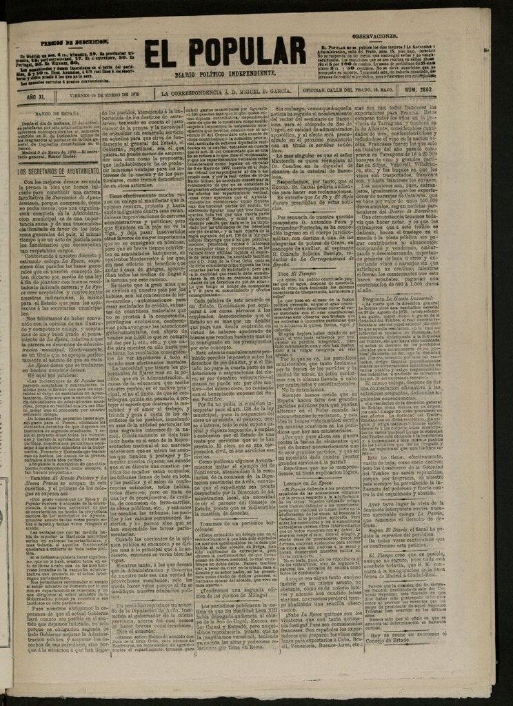 Miniatura de El Popular: diario independiente, político, literario y de noticias de interés general del 10 de enero de 1879, nº 2882