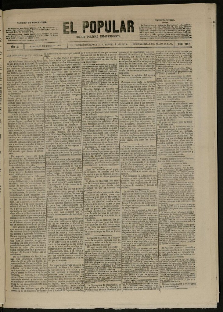 Miniatura de El Popular: diario independiente, político, literario y de noticias de interés general del 11 de enero de 1879, nº 2883