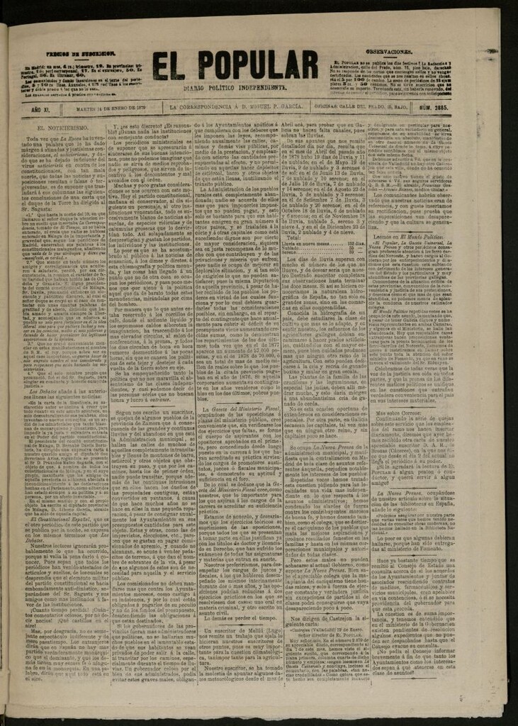 Miniatura de El Popular: diario independiente, político, literario y de noticias de interés general del 14 de enero de 1879, nº 2885