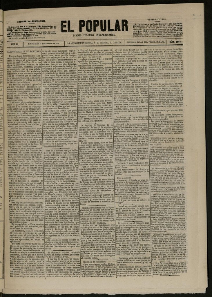 Miniatura de El Popular: diario independiente, político, literario y de noticias de interés general del 15 de enero de 1879, nº 2886