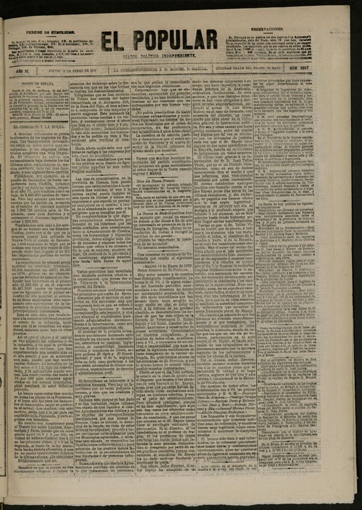 Miniatura de El Popular: diario independiente, político, literario y de noticias de interés general del 16 de enero de 1879, nº 2887