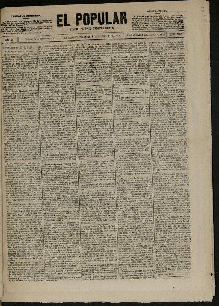 Miniatura de El Popular: diario independiente, político, literario y de noticias de interés general del 17 de enero de 1879, nº 2888