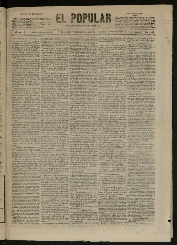 Miniatura de El Popular: diario independiente, político, literario y de noticias de interés general del 20 de enero de 1879, nº 2890