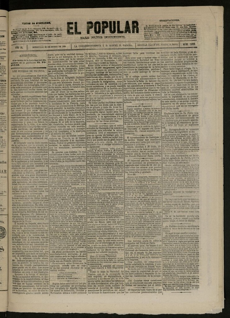 Miniatura de El Popular: diario independiente, político, literario y de noticias de interés general del 22 de enero de 1879, nº 2892