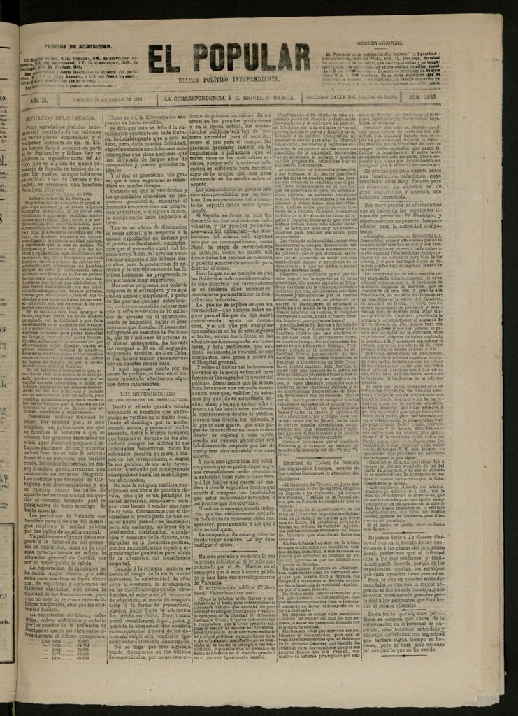 Miniatura de El Popular: diario independiente, político, literario y de noticias de interés general del 24 de enero de 1879, nº 2893