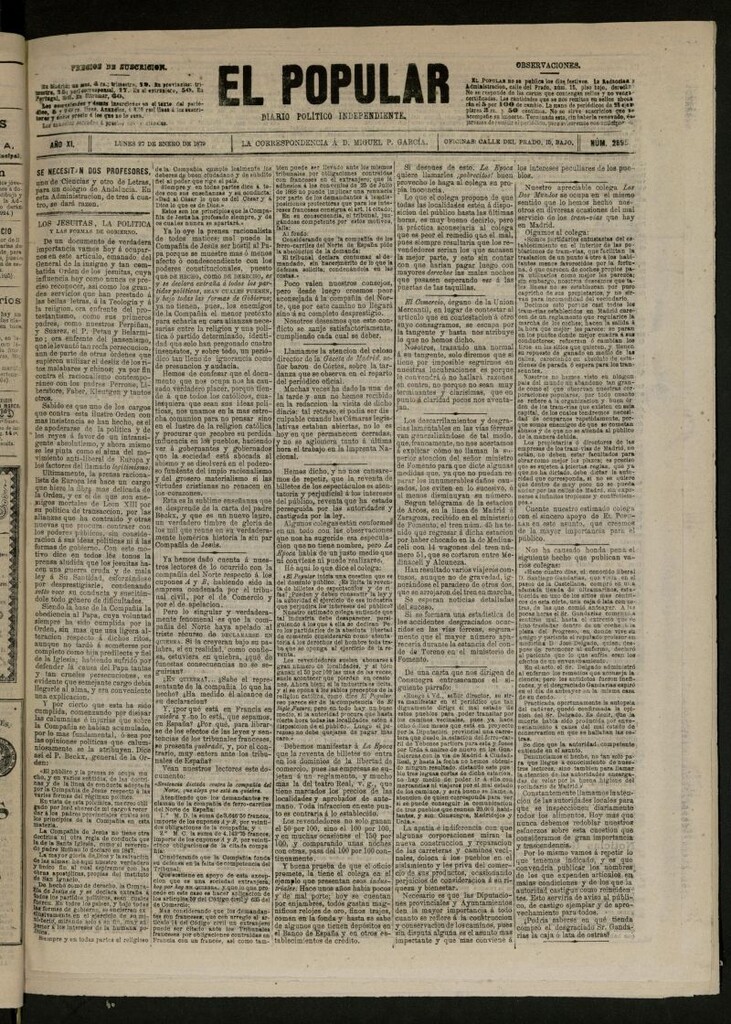 Miniatura de El Popular: diario independiente, político, literario y de noticias de interés general del 27 de enero de 1879, nº 2894