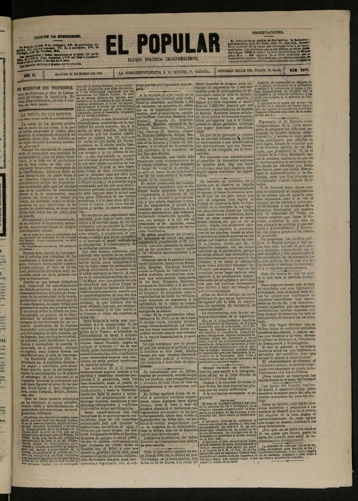 Miniatura de El Popular: diario independiente, político, literario y de noticias de interés general del 28 de enero de 1879, nº 2896