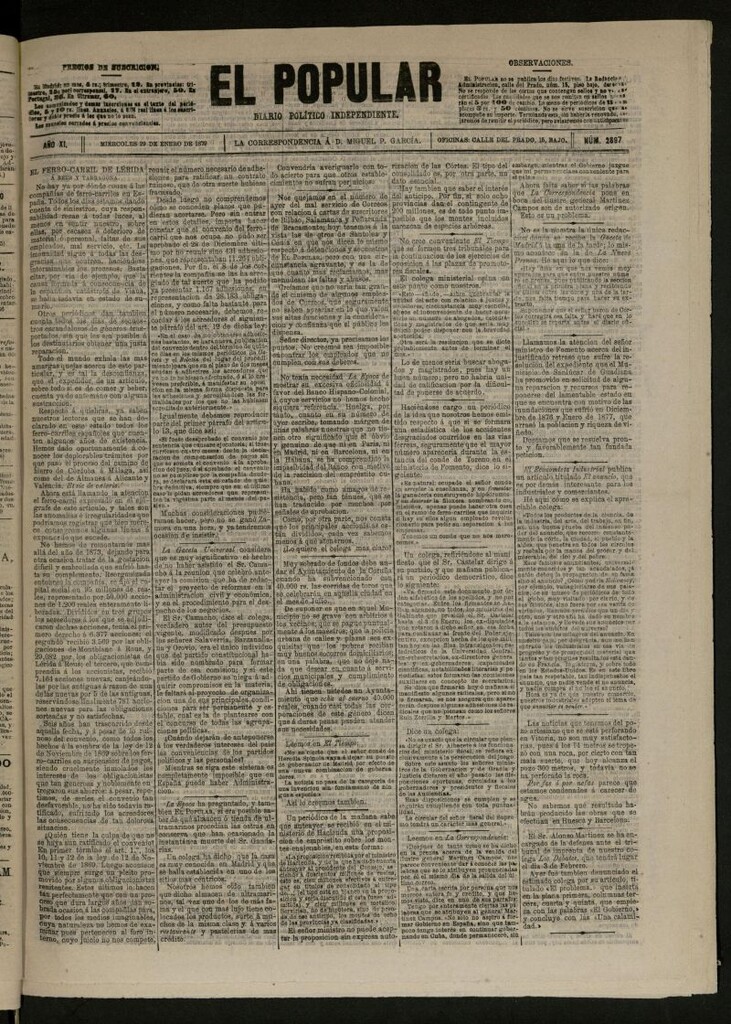 Miniatura de El Popular: diario independiente, político, literario y de noticias de interés general del 29 de enero de 1879, nº 2897