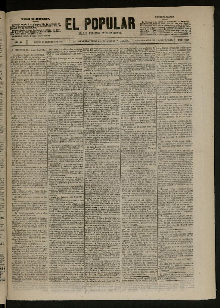 Miniatura de El Popular: diario independiente, político, literario y de noticias de interés general del 30 de enero de 1879, nº 2898