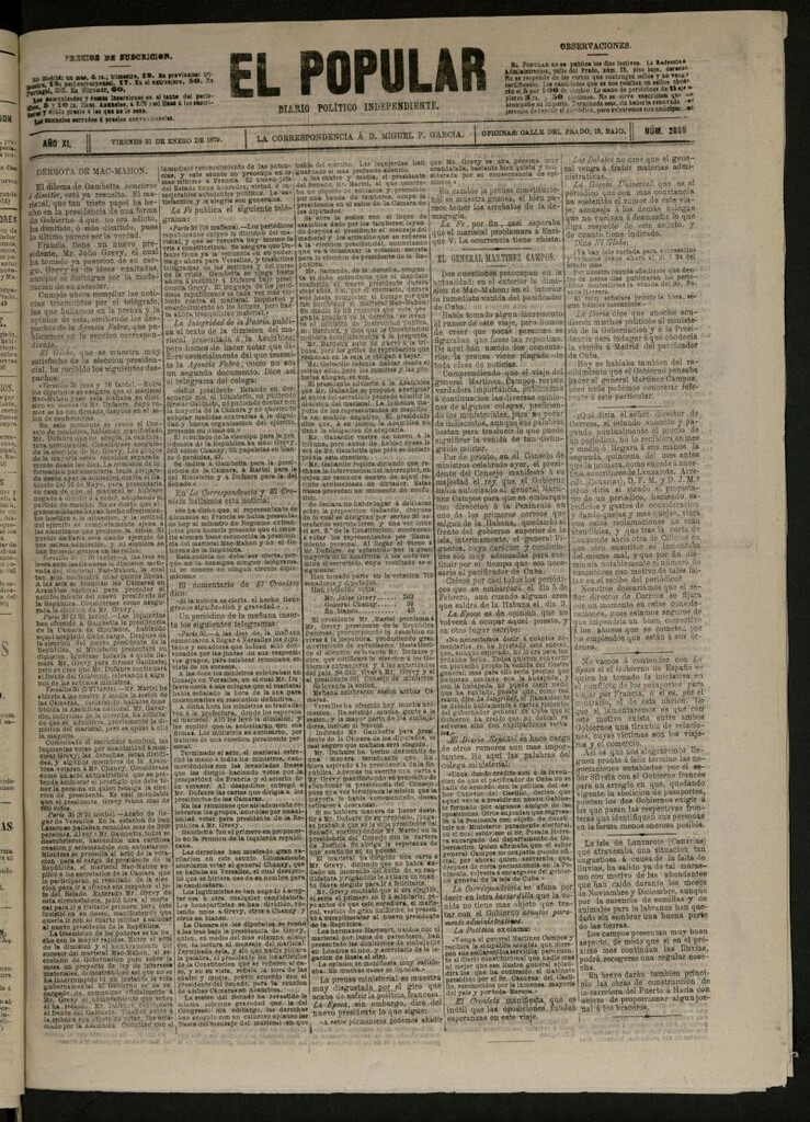 Miniatura de El Popular: diario independiente, político, literario y de noticias de interés general del 31 de enero de 1879, nº 2899