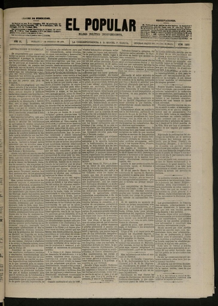 Miniatura de El Popular: diario independiente, político, literario y de noticias de interés general del 1 de febrero de 1879, nº 2900