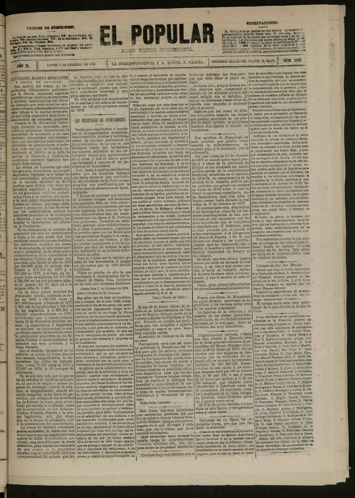 Miniatura de El Popular: diario independiente, político, literario y de noticias de interés general del 3 de febrero de 1879, nº 2901