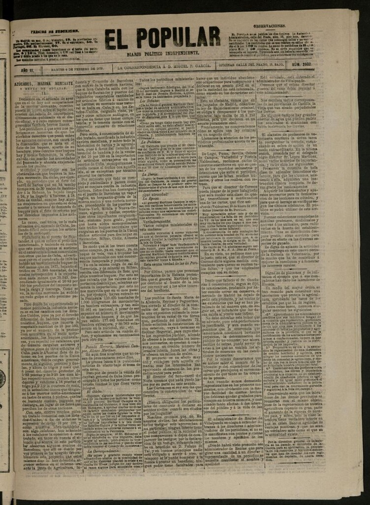 Miniatura de El Popular: diario independiente, político, literario y de noticias de interés general del 4 de febrero de 1879, nº 2902