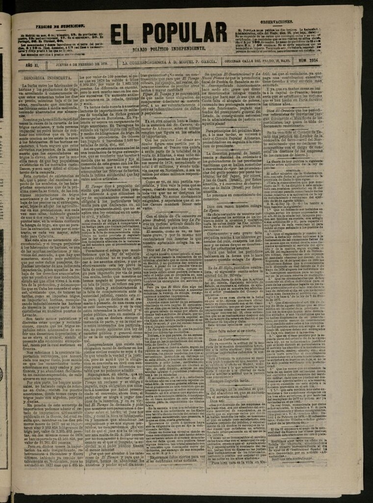 Miniatura de El Popular: diario independiente, político, literario y de noticias de interés general del 6 de febrero de 1879, nº 2904
