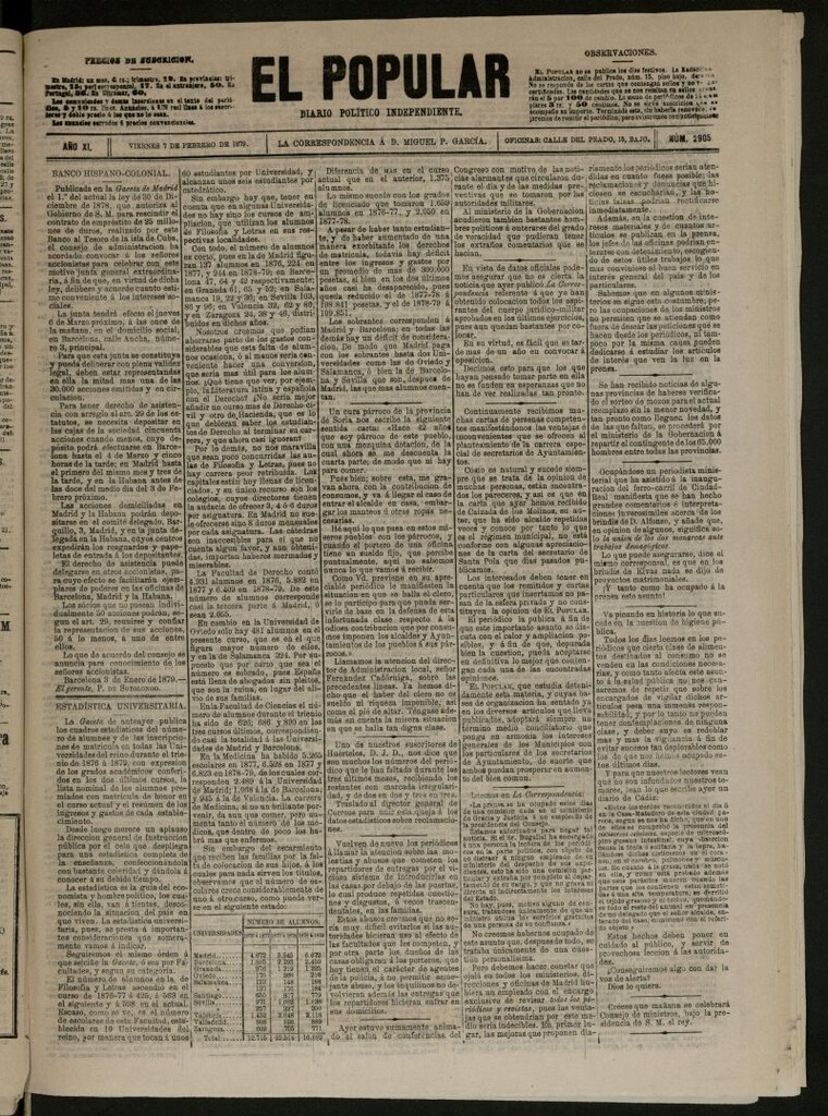 Miniatura de El Popular: diario independiente, político, literario y de noticias de interés general del 7 de febrero de 1879, nº 2905