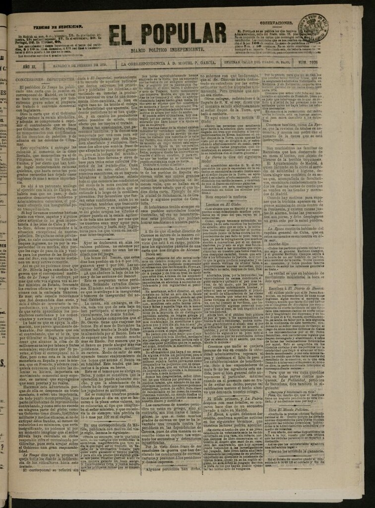 Miniatura de El Popular: diario independiente, político, literario y de noticias de interés general del 8 de febrero de 1879, nº 2906