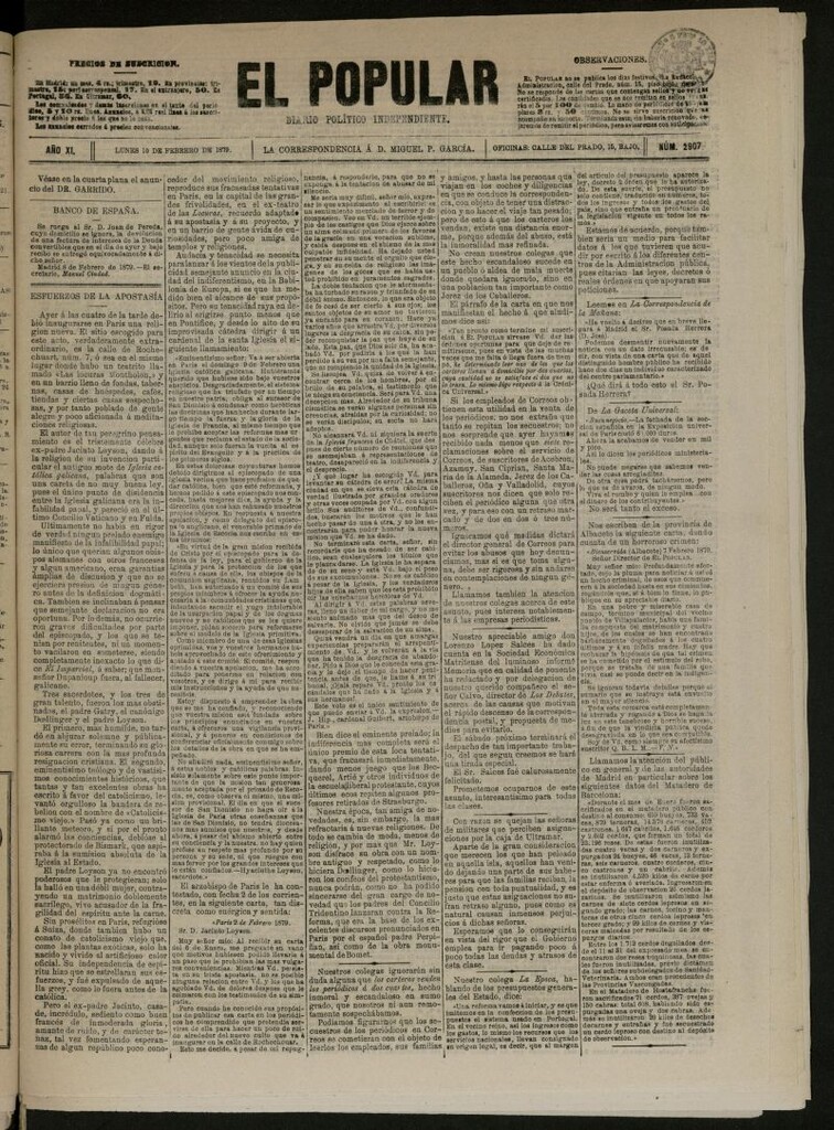 Miniatura de El Popular: diario independiente, político, literario y de noticias de interés general del 10 de febrero de 1879, nº 2907