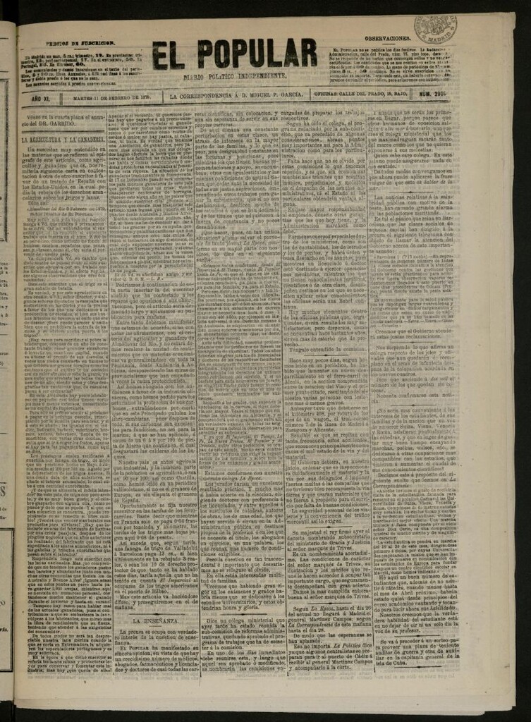 Miniatura de El Popular: diario independiente, político, literario y de noticias de interés general del 11 de febrero de 1879, nº 2908