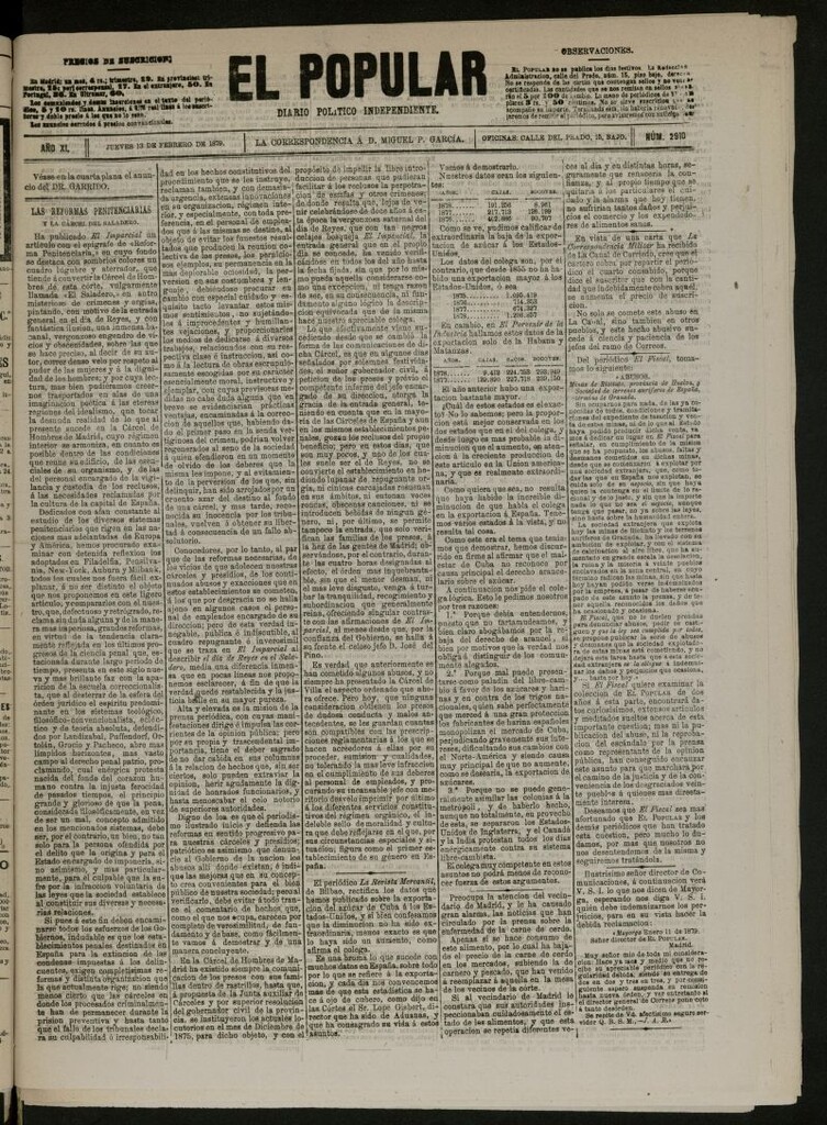 Miniatura de El Popular: diario independiente, político, literario y de noticias de interés general del 13 de febrero de 1879, nº 2910