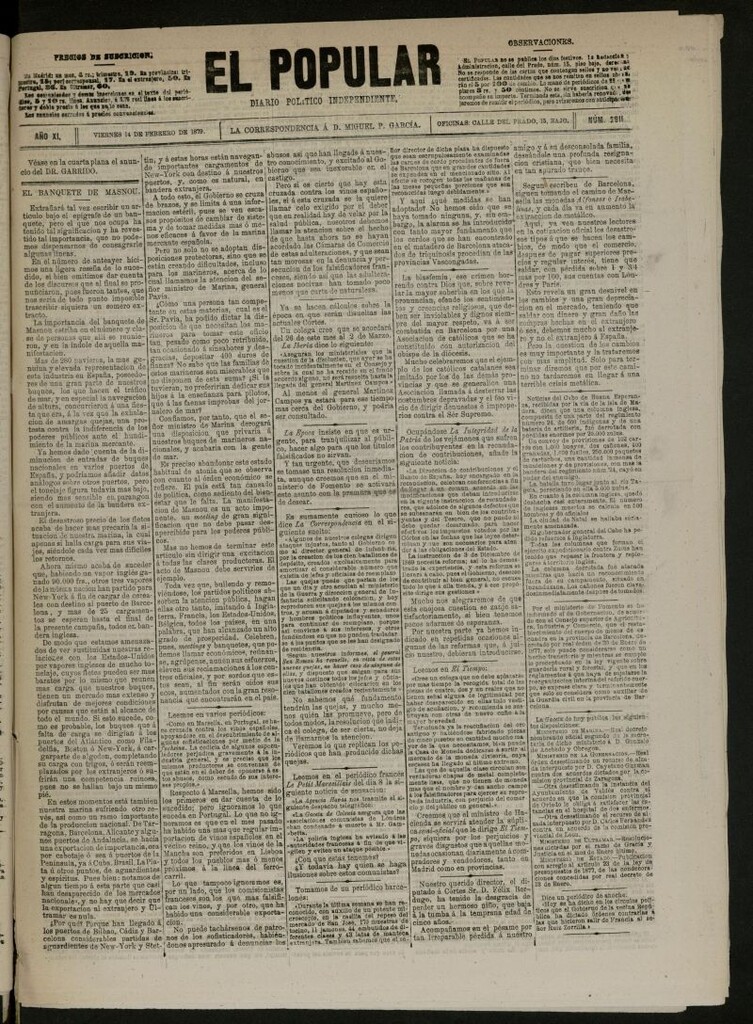 Miniatura de El Popular: diario independiente, político, literario y de noticias de interés general del 14 de febrero de 1879, nº 2911
