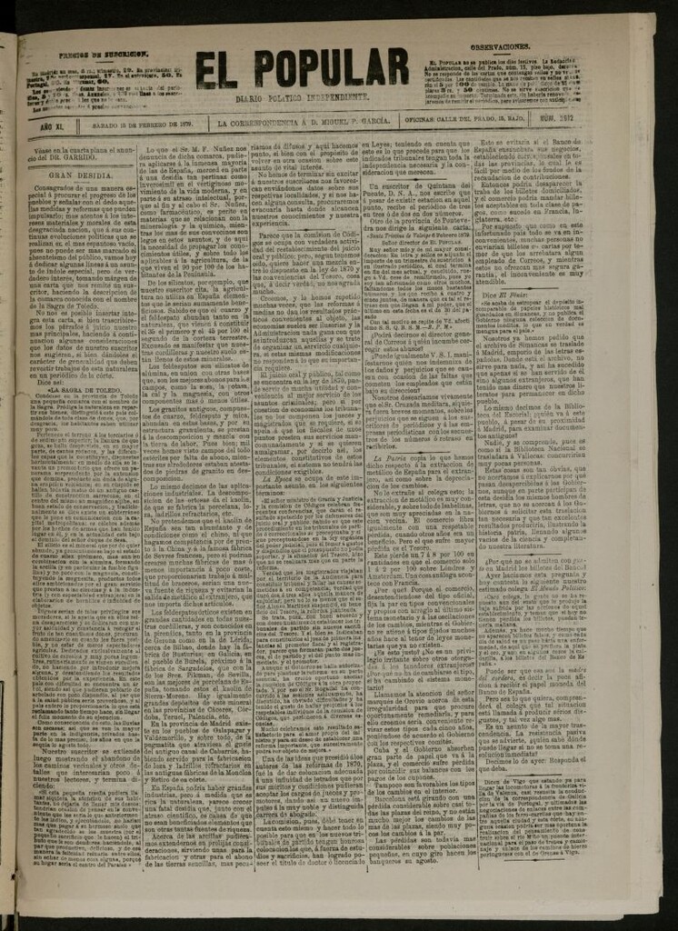 Miniatura de El Popular: diario independiente, político, literario y de noticias de interés general del 15 de febrero de 1879, nº 2912