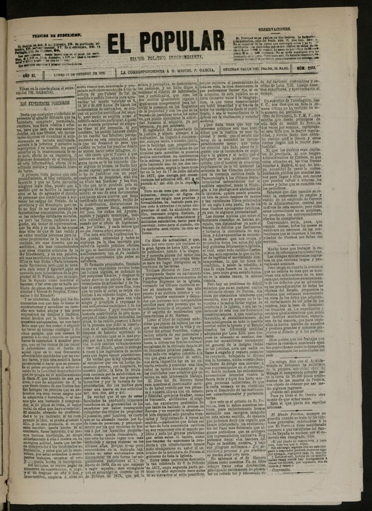 Miniatura de El Popular: diario independiente, político, literario y de noticias de interés general del 17 de febrero de 1879, nº 2913