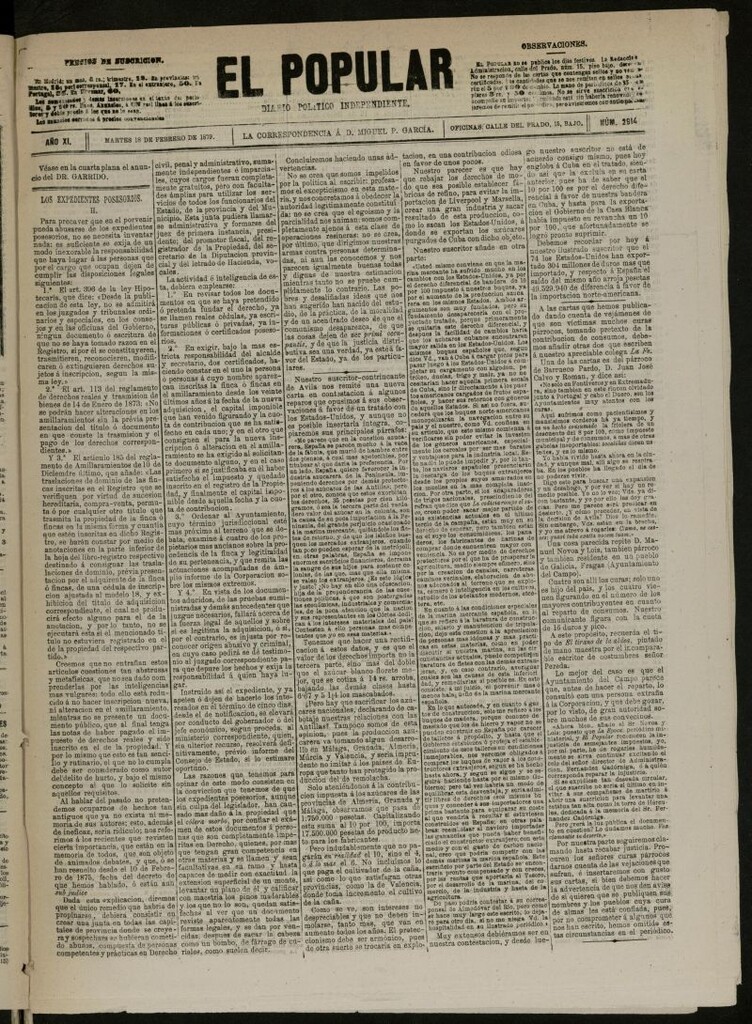 Miniatura de El Popular: diario independiente, político, literario y de noticias de interés general del 18 de febrero de 1879, nº 2914