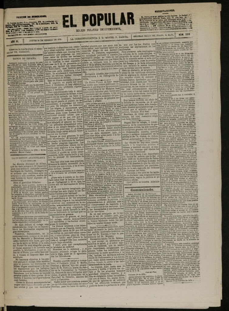 Miniatura de El Popular: diario independiente, político, literario y de noticias de interés general del 20 de febrero de 1879, nº 2916