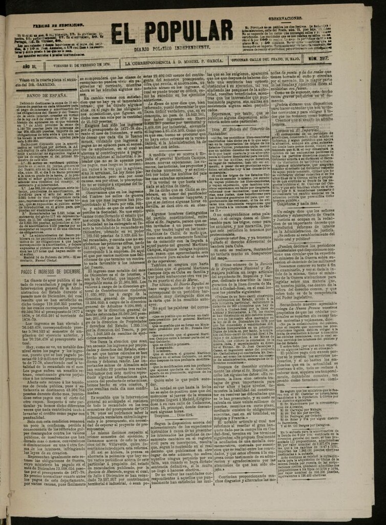 Miniatura de El Popular: diario independiente, político, literario y de noticias de interés general del 21 de febrero de 1879, nº 2917