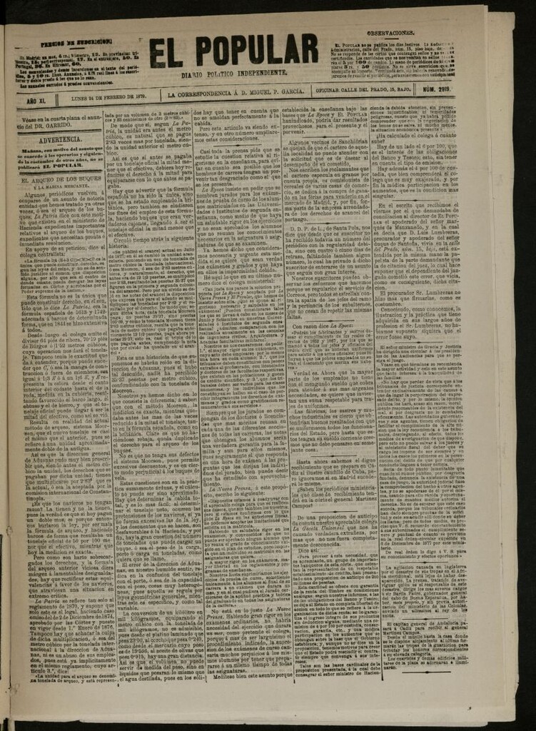 Miniatura de El Popular: diario independiente, político, literario y de noticias de interés general del 24 de febrero de 1879, nº 2919