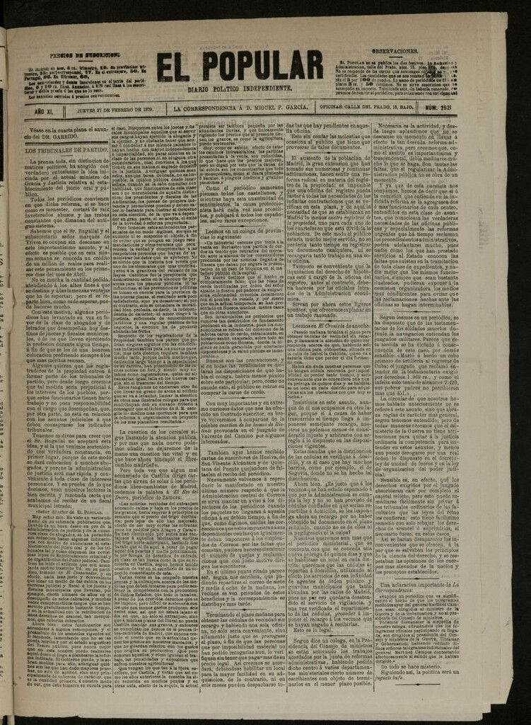Miniatura de El Popular: diario independiente, político, literario y de noticias de interés general del 27 de febrero de 1879, nº 2921