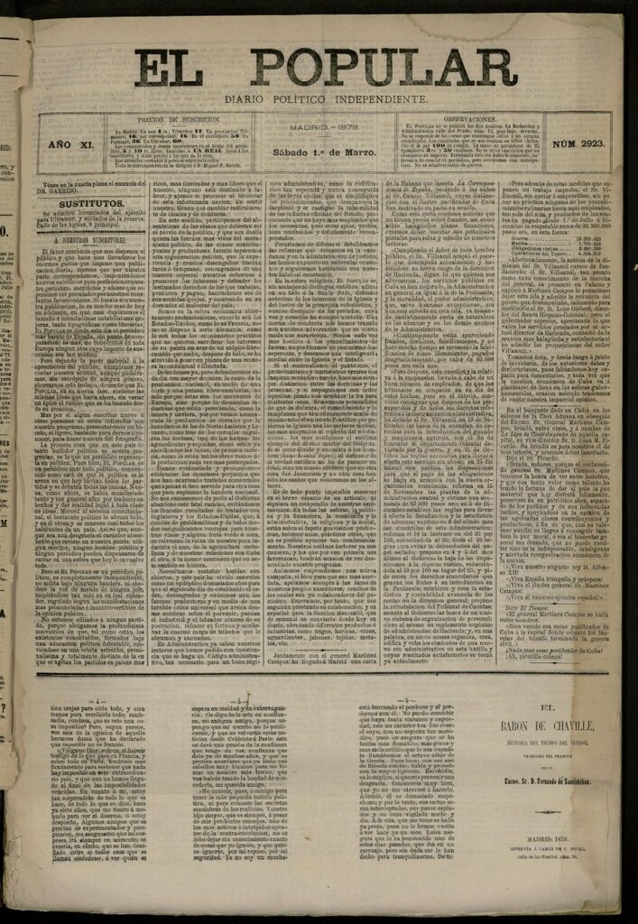 Miniatura de El Popular: diario independiente, político, literario y de noticias de interés general del 1 de marzo de 1879, nº 2923