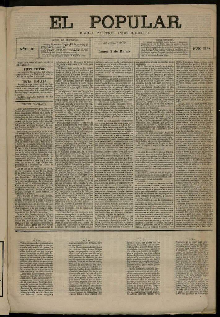 Miniatura de El Popular: diario independiente, político, literario y de noticias de interés general del 3 de marzo de 1879, nº 2924