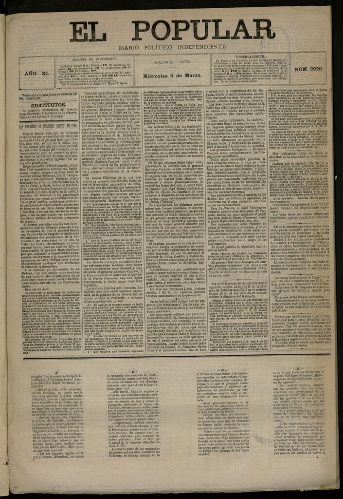 Miniatura de El Popular: diario independiente, político, literario y de noticias de interés general del 5 de marzo de 1879, nº 2926