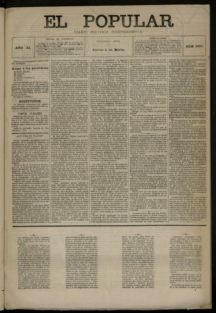 Miniatura de El Popular: diario independiente, político, literario y de noticias de interés general del 6 de marzo de 1879, nº 2927