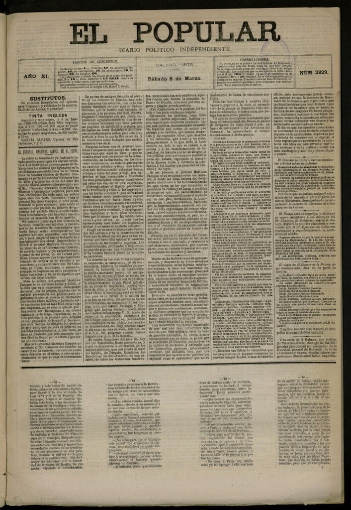 Miniatura de El Popular: diario independiente, político, literario y de noticias de interés general del 8 de marzo de 1879, nº 2929