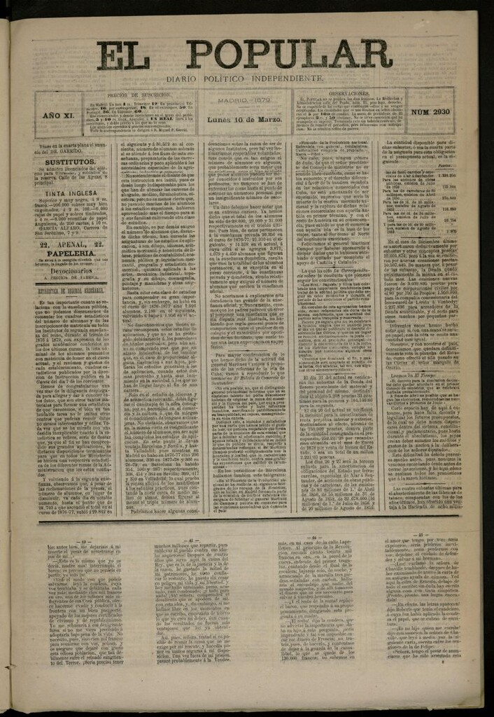 Miniatura de El Popular: diario independiente, político, literario y de noticias de interés general del 10 de marzo de 1879, nº 2930