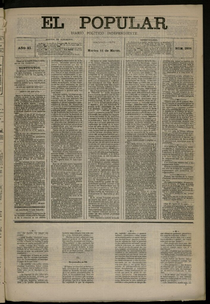 Miniatura de El Popular: diario independiente, político, literario y de noticias de interés general del 11 de marzo de 1879, nº 2931