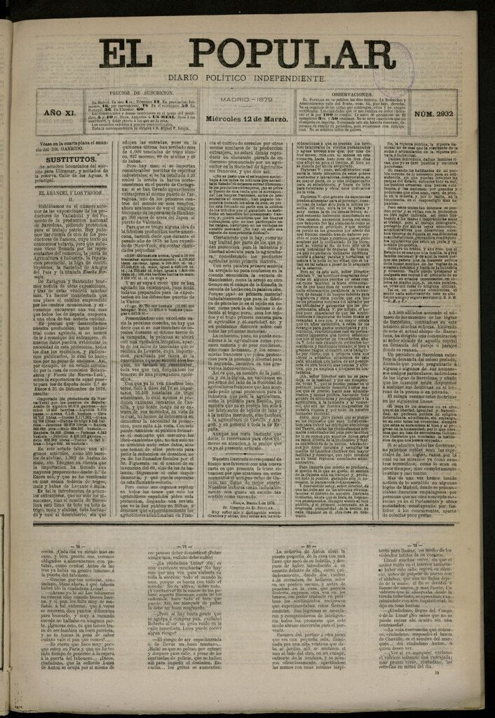 Miniatura de El Popular: diario independiente, político, literario y de noticias de interés general del 12 de marzo de 1879, nº 2932