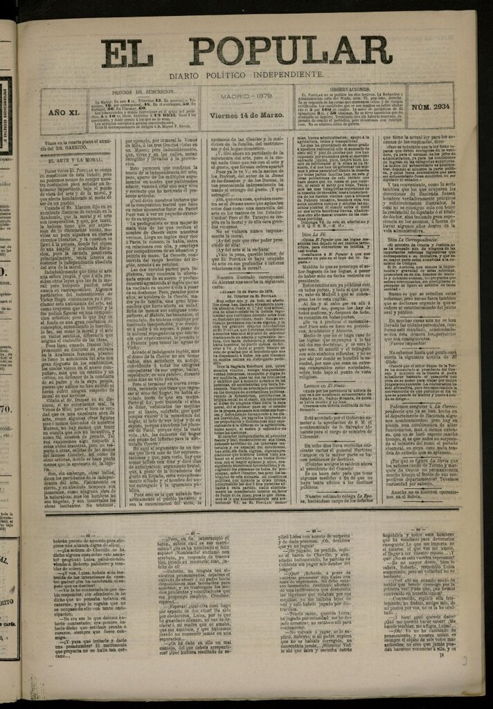 Miniatura de El Popular: diario independiente, político, literario y de noticias de interés general del 14 de marzo de 1879, nº 2934