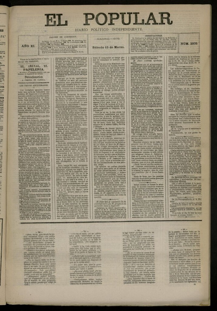 Miniatura de El Popular: diario independiente, político, literario y de noticias de interés general del 15 de marzo de 1879, nº 2935