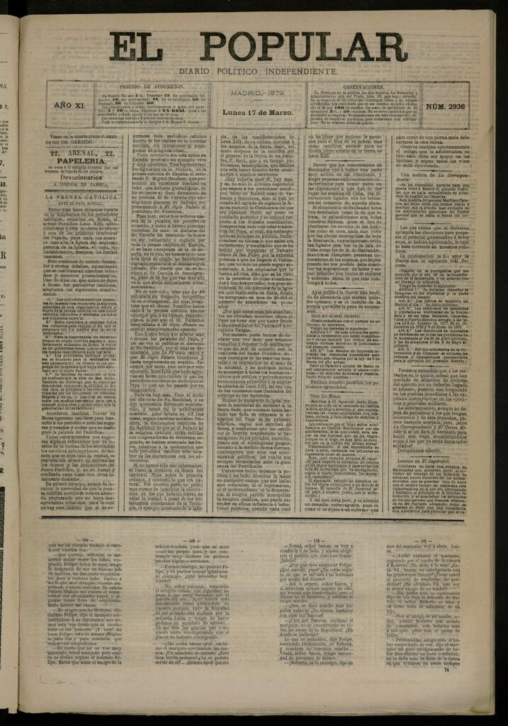 Miniatura de El Popular: diario independiente, político, literario y de noticias de interés general del 17 de marzo de 1879, nº 2936