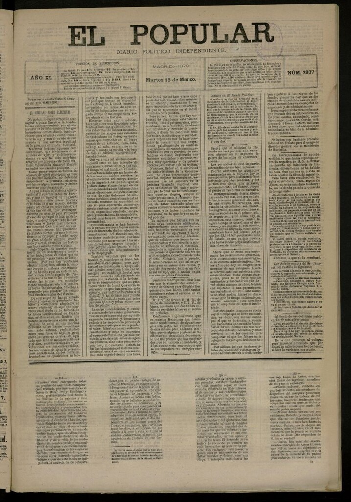 Miniatura de El Popular: diario independiente, político, literario y de noticias de interés general del 18 de marzo de 1879, nº 2937