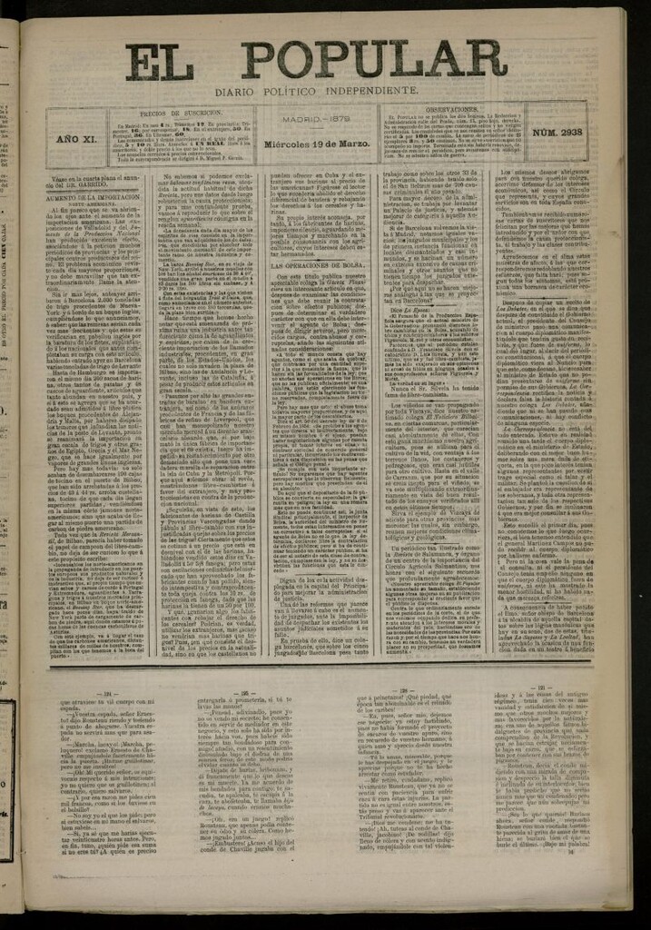 Miniatura de El Popular: diario independiente, político, literario y de noticias de interés general del 19 de marzo de 1879, nº 2938