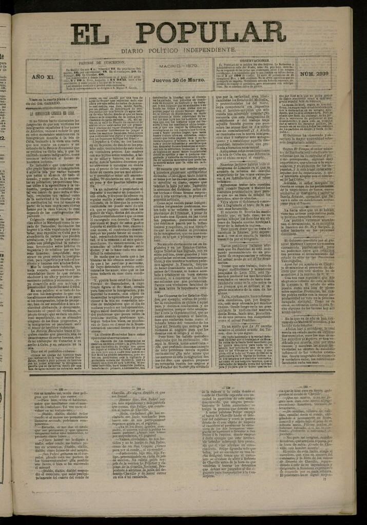 Miniatura de El Popular: diario independiente, político, literario y de noticias de interés general del 20 de marzo de 1879, nº 2939