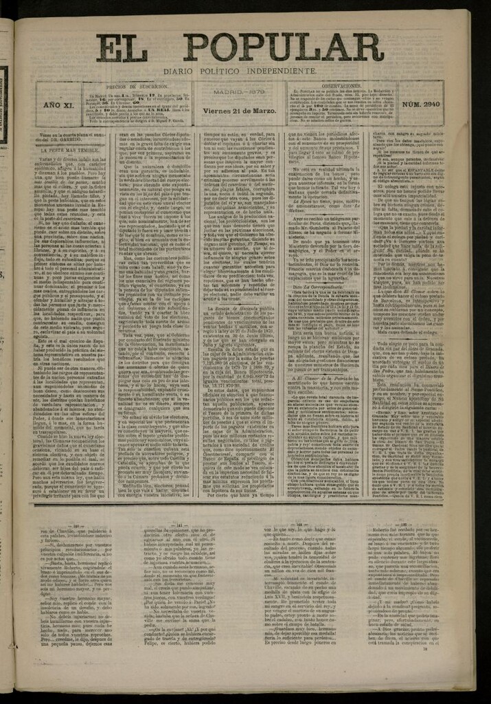 Miniatura de El Popular: diario independiente, político, literario y de noticias de interés general del 21 de marzo de 1879, nº 2940