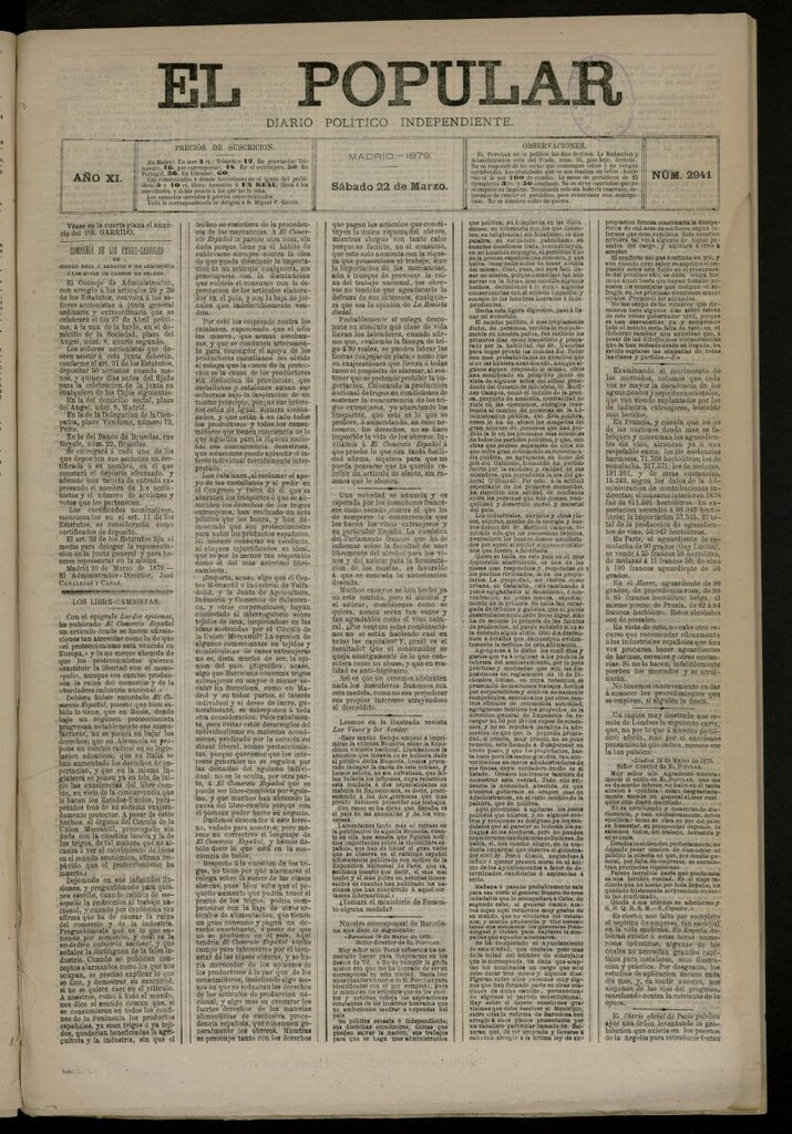 Miniatura de El Popular: diario independiente, político, literario y de noticias de interés general del 22 de marzo de 1879, nº 2941