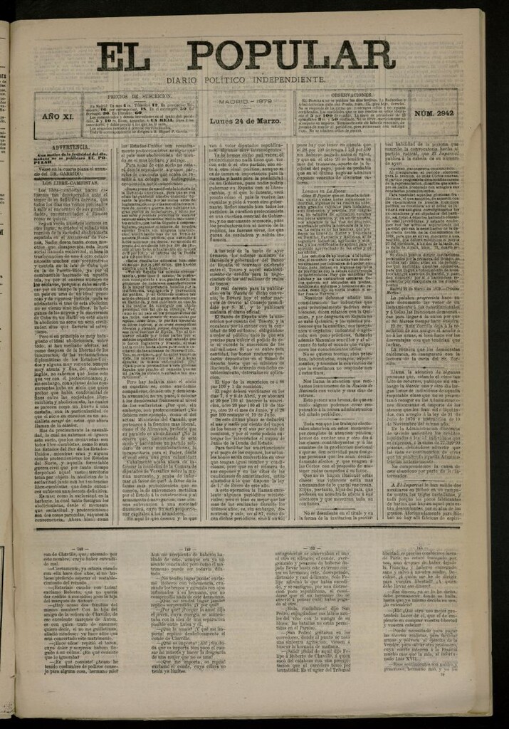 Miniatura de El Popular: diario independiente, político, literario y de noticias de interés general del 24 de marzo de 1879, nº 2942